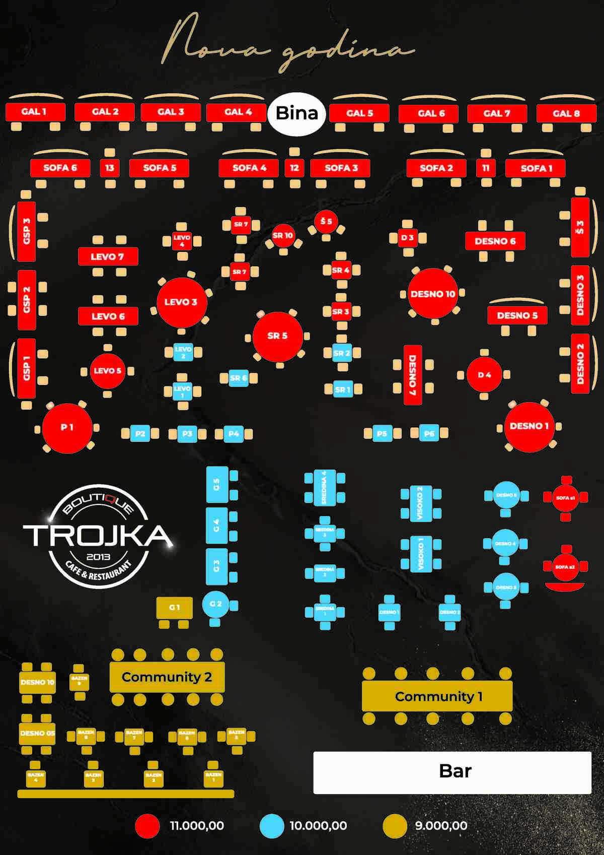 Mapa sedenja - Boutique Restaurant Trojka New Year’s Eve 2026