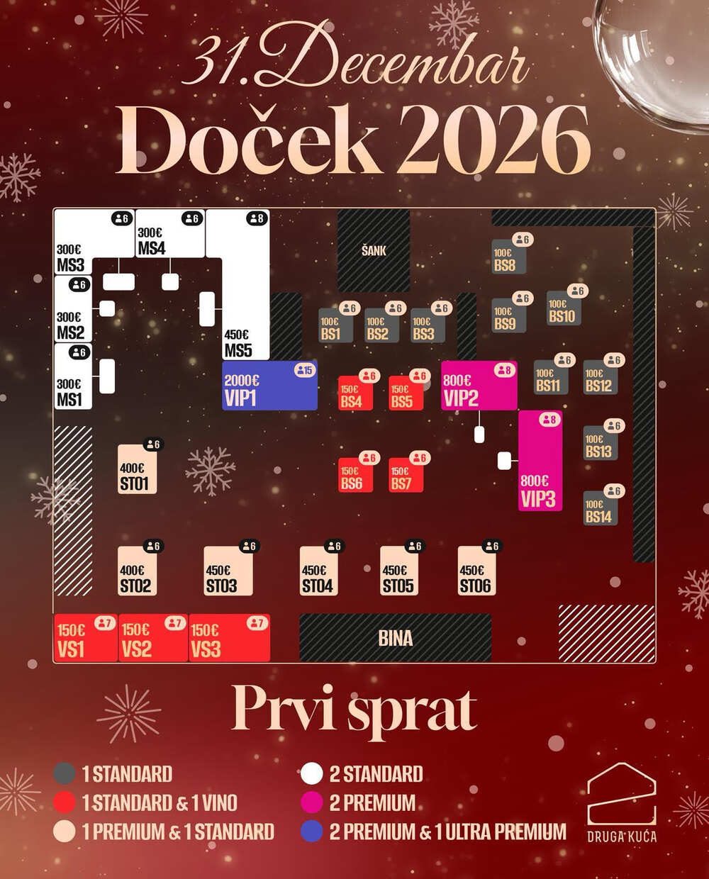 Mapa sedenja - Kafana Druga Kuća Beton Hala New Year 2026