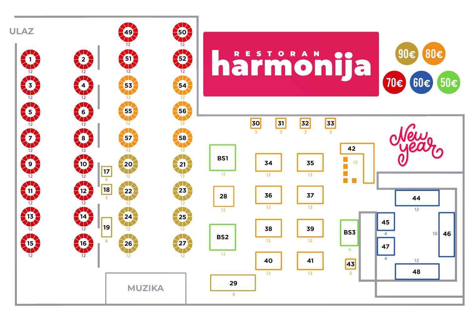 Mapa sedenja - Restaurant Harmony New Year 2026